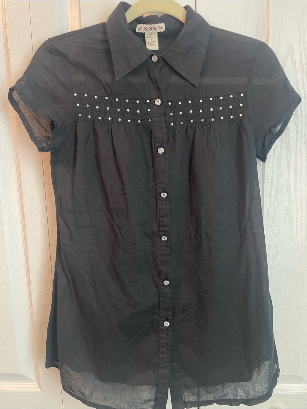 Rhinestone -Embellished Sheer Black Short Sleeve Button Blouse